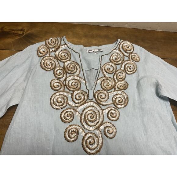 Barbara Gerwit Blue Linen Embroidery Tunic Top Blouse Cover Up Medium - Picture 9 of 14